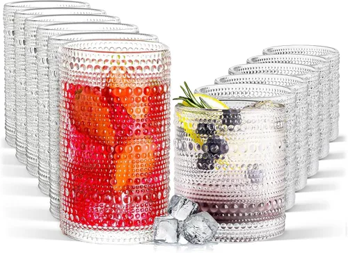 Hobnail - Juego de 12 vasos para beber, vasos vintage de 11.8 oz y juego de vasos de cóctel de 10 oz, vasos de vidrio en relieve para cocina,