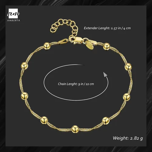 Miniatura 2 de Amberta 18K Gold Plated on 925 Sterling Silver Adjustable Anklet - Classic Chain Ankle Bracelets - 9 to 10 inch - Flexible Fit