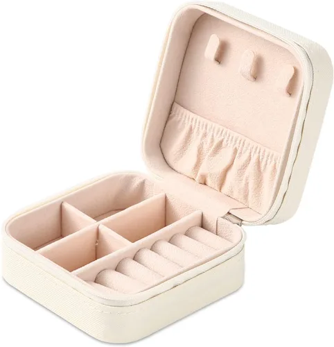 Mini joyero portátil de viaje de cuero para joyas organizador de anillos caja de regalo para niñas y mujeres blanco
