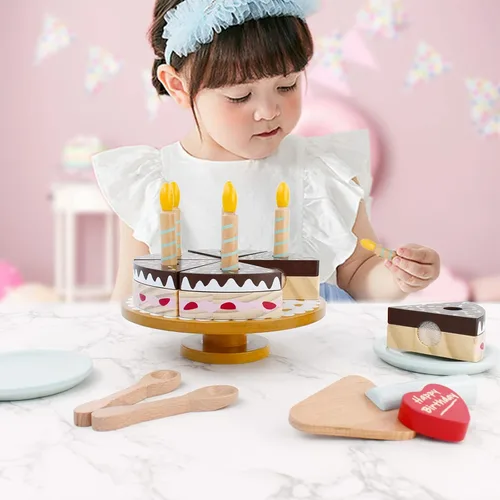 Miniatura 3 de PairPear Juego de pastel de fiesta de cumpleaños para niños, juguetes de madera para jugar comida Play Cutting Food Fake Cake Toddler Girl Gifts