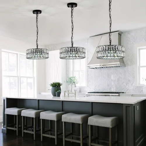 Miniatura 10 de Lámpara Colgante de Cristal de 4 Luces Araña Moderna Negra Pequeña de 12" Cristal Semi Empotrada Luz de Techo Redonda para Isla de Cocina, Negro