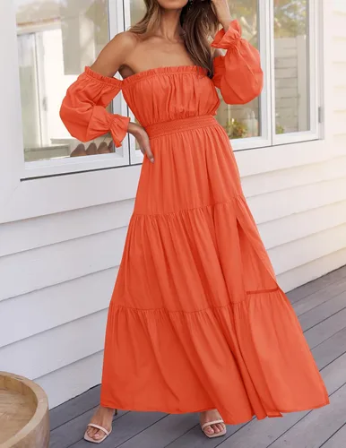 Miniatura 20 de ZESICA - Vestido largo, bohemio y sexy, con hombros descubiertos y manga larga fruncida, con elástico fruncido, cintura alta y abertura lateral