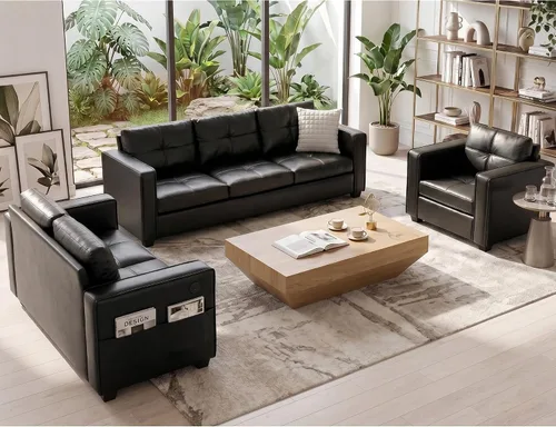 TYBOATLE Sofá seccional negro de piel sintética para sala de estar, 3 piezas, cómodos sofás modulares convertibles, juego de sofá de oficina en