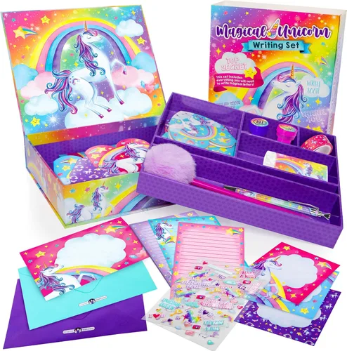 Original Stationery Kit de escritura de letras de unicornio – Juego de 45 piezas de papel y calcomanías multicolor con caja de almacenamiento morada