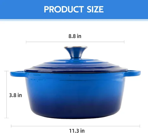 Miniatura 8 de Horno holandés de hierro fundido esmaltado de 3 cuartos con tapa - Asas dobles grandes - Apto para horno hasta 500°F - Olla redonda clásica para Azul