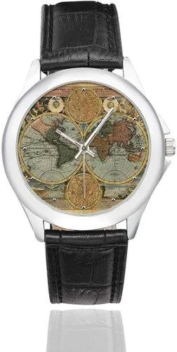 InterestPrint Old Map of World - Reloj de pulsera para mujer, resistente al agua, acero inoxidable, correa de cuero, color negro