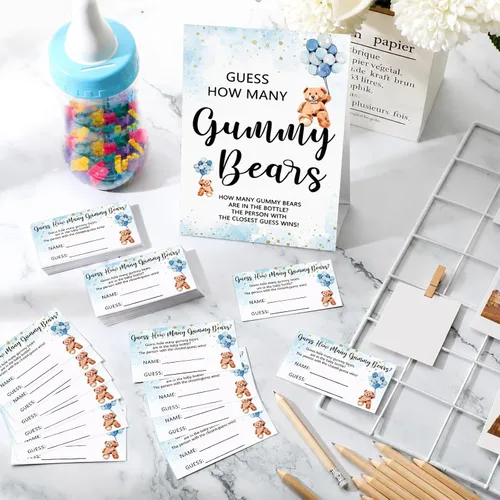 Miniatura 4 de Qilery 122 Piezas Juegos de Baby Shower Adivina Cuántos Osos 100 Tarjetas de Adivinanzas 20 Lápices 1 Botella 1 Cartel de Madera en Pie