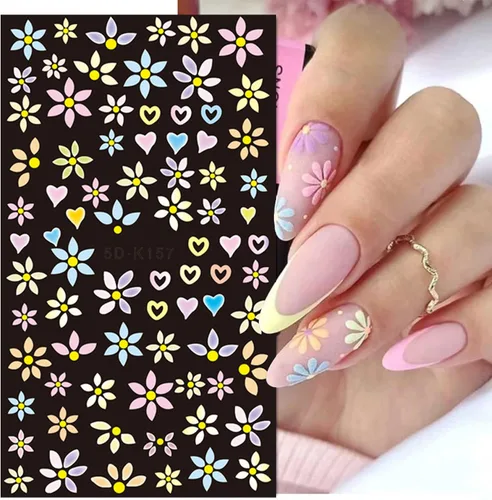 Miniatura 4 de Calcomanías de arte de uñas de flores, holográficas 5D en relieve de flores en relieve de corazón, calcomanías autoadhesivas para uñas, decoración