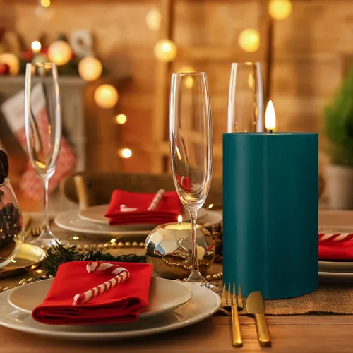Miniatura 5 de Velas sin llama azules de pilar con control remoto, velas parpadeantes de Navidad LED de cera operadas por batería, juego de 3 unidades Verde