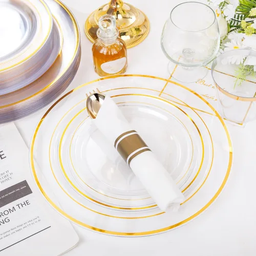 Miniatura 6 de WELLIFE 350 platos de plástico dorado transparente, 100 platos desechables, 150 cubiertos de plástico, 50 tazas, 50 servilletas para bodas y fiestas