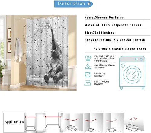 Miniatura 6 de Cortina de ducha de elefante africano, divertida cortina de baño con diseño de elefante, lindo animal salvaje sobre fondo de gota de lluvia, juego