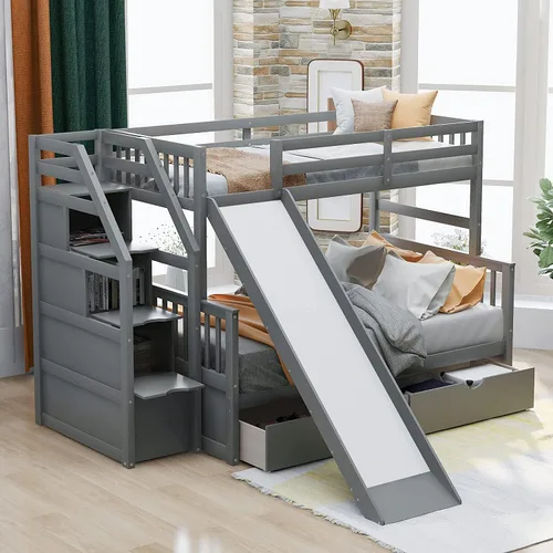 Miniatura 6 de DNYN Cama alta de tamaño matrimonial con escritorio, estantes y escalera para niños y adultos, marco de cama de madera maciza, cama alta