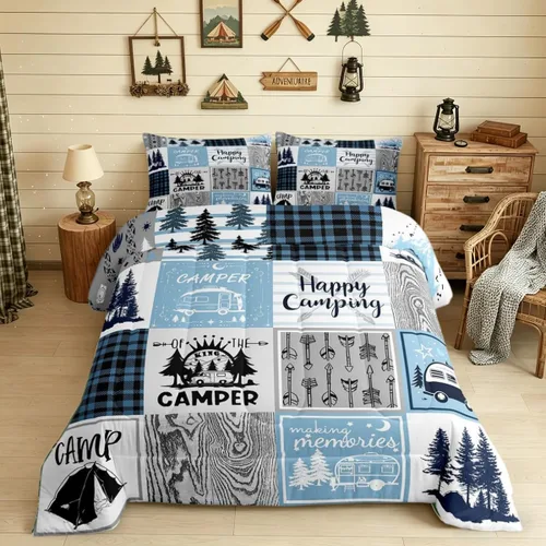 Miniatura 10 de Juego de edredón de camper tamaño matrimonial, edredón acolchado para adolescentes y niños, juego de ropa de cama rústica de granja para niños