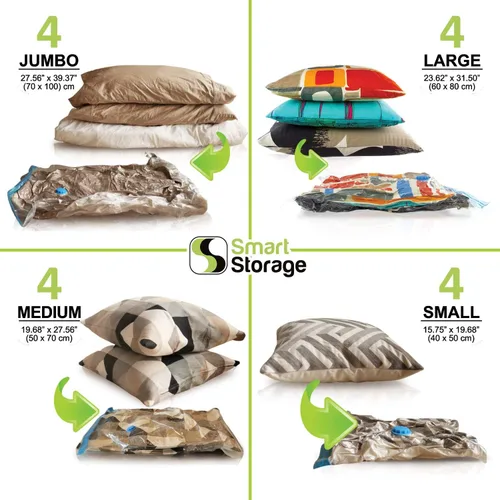 Miniatura 7 de Paquete de 16 bolsas de almacenamiento al vacío que ahorran espacio con bomba de mano, 4 jumbo, 4, grandes, 4, medianas, 4 pequeñas bolsas