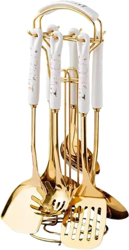 Miniatura 4 de Juego de 7 utensilios de cocina de acero inoxidable dorado con soporte apto para lavavajillas, kit de utensilios de cocina de metal para colgar
