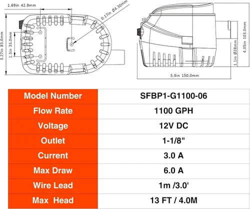 Miniatura 9 de SEAFLO Serie 06 - Bomba de achique sumergible automática de 1100 GPH, 12 V, salida de 2,8 cm, ¡garantía de 4 años! Con interruptor de flotador