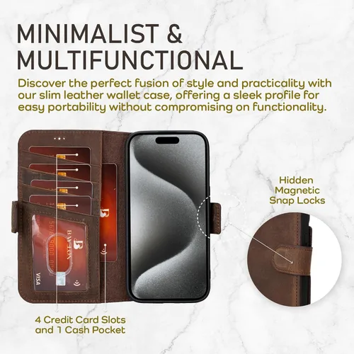 Miniatura 3 de Bayelon Cartera de cuero Cas para iPhone 15 Pro - Funda con tapa abatible, funda tipo cartera para iPhone 15 Pro, funda tipo cartera, función atril