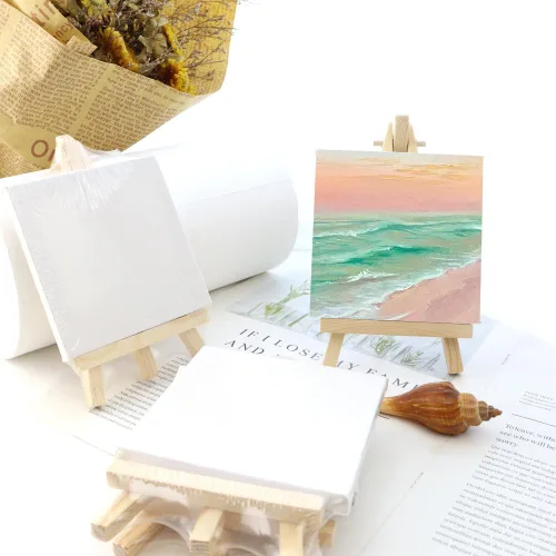 Miniatura 4 de Juego de 4 mini lienzos para pintar con caballete, paneles de lienzo blanco estirados de 4 x 4 pulgadas, caballetes de madera para adultos y niños