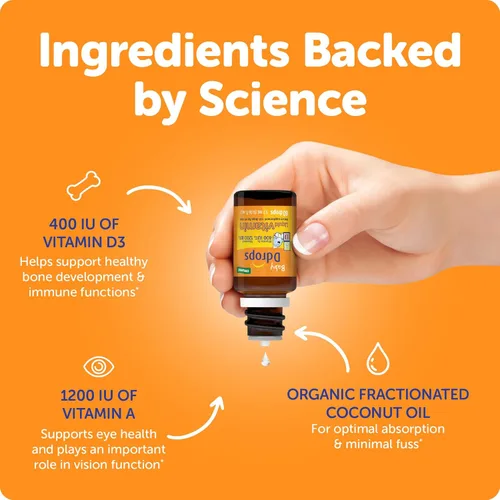 Miniatura 5 de Ddrops® Vitaminas líquidas orgánicas para bebés A&D gotas para bebés, 60 gotas. Apoya la salud ocular de los bebés, el desarrollo óseo y la función