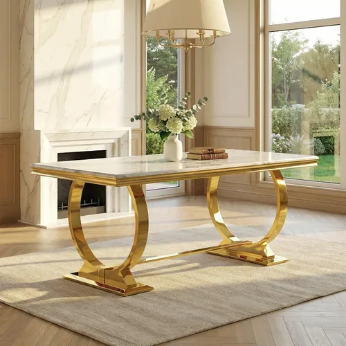 Miniatura 11 de Asday Mesa de comedor negra y dorada, mesa de comedor de lujo de 70 pulgadas con base en U de metal de acero inoxidable dorado para 4-8