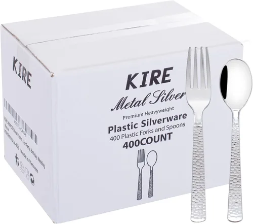 Miniatura 7 de KIRE Juego de 400 tenedores y cucharas de plástico plateado desechables, juego de cubiertos de plástico resistente, cucharas y tenedores plateados