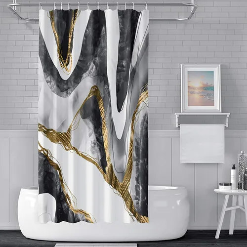 Miniatura 20 de Cortina de ducha de mármol blanco y negro de 36 x 72 pulgadas, tinta de pintura abstracta, textura de arte líquido, líneas agrietadas doradas
