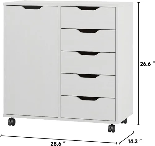 Miniatura 3 de Panana - Cómoda de 5 cajones con 1 puerta, cómoda de madera con cajones y ruedas, gabinete de almacenamiento para oficina y dormitorio, mueble