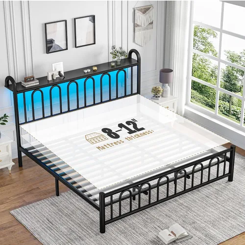 Miniatura 6 de Homkdom Base de cama tamaño King con cabecera de almacenamiento, marco de cama de metal clásico con luces LED y almacenamiento debajo de la cama