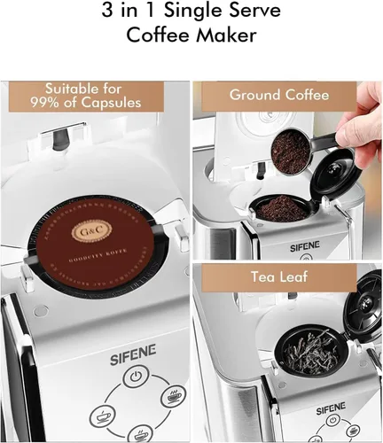 Miniatura 2 de SIFENE Cafetera de goteo 3 en 1 de una sola porción, cafetera compacta compatible con K-Cup/K-Pod para café molido y té, depósito de agua extraíble