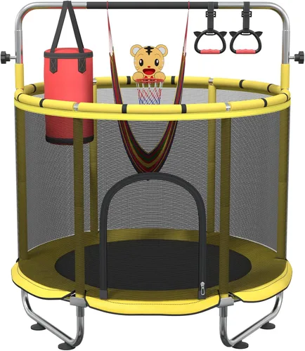 Miniatura 8 de Trampolín infantil de 60 pulgadas para niños de 2 a 4 años, mini trampolín de 5 pies para interiores con pelota de baloncesto, barra de gimnasia
