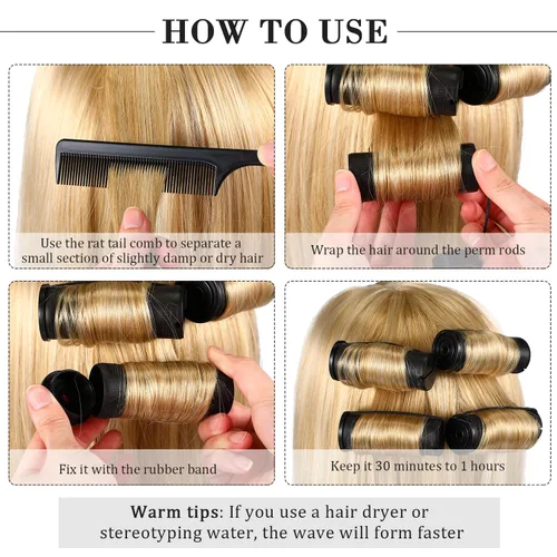 Miniatura 3 de WILLBOND 36 piezas varillas de onda fría para el cabello, varillas para permanente, rizadores con peine de cola de rata de acero para peinar el Negro