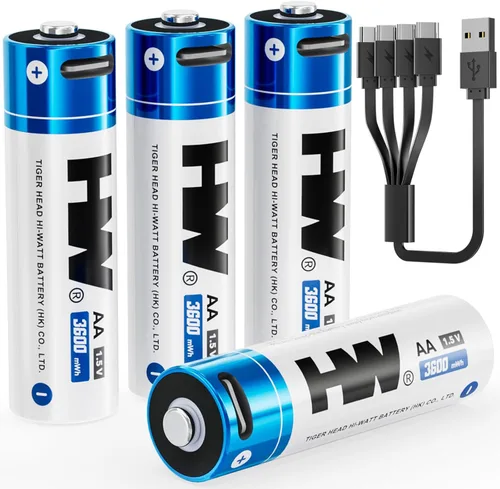 HW Baterías recargables de litio AA, [1.5 V, paquete de 4 unidades], batería USB C de alta capacidad de 3600 mWh, carga rápida, 1000 ciclos