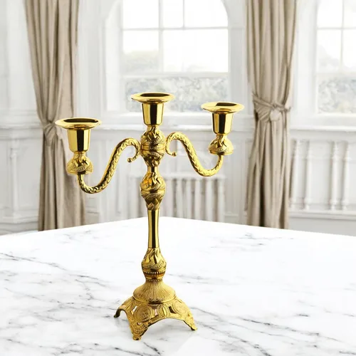 Miniatura 5 de Alisveristime Portavelas de 3 brazos, candelabro decorativo Zamac para decoración elegante del hogar, capacidad para 3 velas, requiere montaje Dorado