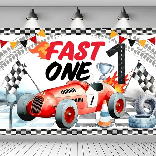 Telón de fondo rápido de un cumpleaños, decoración de primer cumpleaños de coche de carreras, suministros de pancarta de fiesta de primer