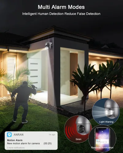 Miniatura 6 de ANRAN - Cámara de seguridad inalámbrica para exteriores con visión de 360°, cámara solar para exteriores con sirena inteligente, focos, visión Gris