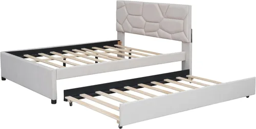 Miniatura 4 de Harper & Bright Designs Cama de plataforma tapizada de tamaño matrimonial con nido y cabecero, marco de cama tapizado de lino, no necesita somier