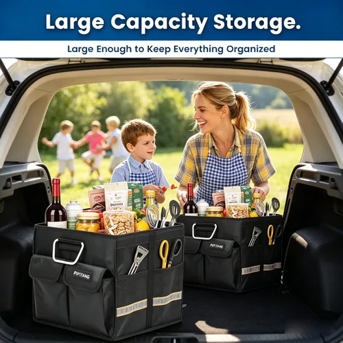 Miniatura 2 de Organizador de almacenamiento para maletero con tapa, organizador plegable de 13.8 in, pequeño y 36 L, mango de aluminio, accesorios de automóvil