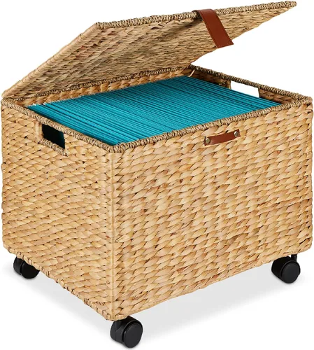 Miniatura 9 de Best Choice Products Archivador Rodante de Jacinto de Agua Tejido a Mano, Organizador de Archivos Móvil para Carpetas Colgantes con Tapa y Ruedas