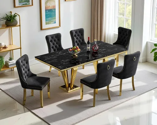 Miniatura 16 de Henf Juego de mesa de comedor de mármol sintético de 68 pulgadas para 6, juego de mesa de comedor de 7 piezas con 6 sillas copetudas de terciopelo