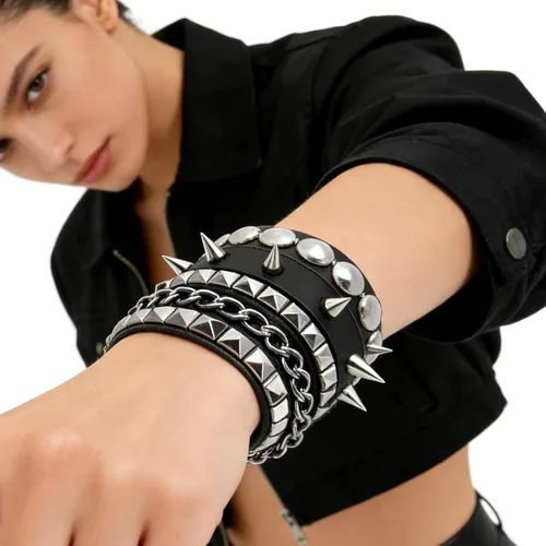 Miniatura 6 de 3PCS Leather Bracelets Set Studded Wrap Wrist Cuffs Punk Rock Y2K Emo Wide Wristband Accessories for Teens Women Men