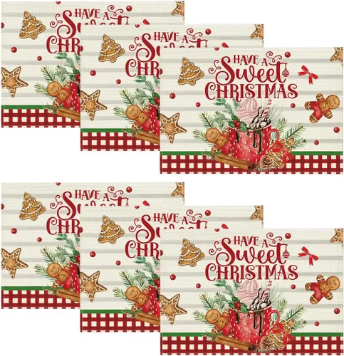 Miniatura 7 de Artoid Mode Juego de 4 manteles individuales de Navidad con helado de jengibre, 12 x 18 pulgadas, para decoración de fiestas, cocina, comedor