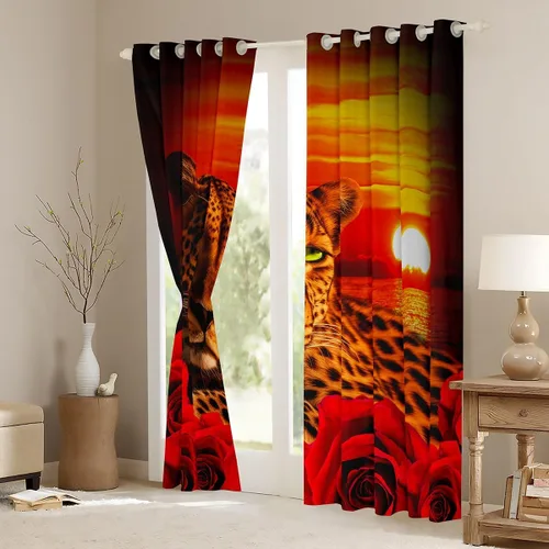 Miniatura 3 de Erosebridal Cortinas de Rosas Rojas 3D Tratamientos para Ventanas de Guepardo, Paneles de Cortinas con Estampado de Gato Leopardo para Sala