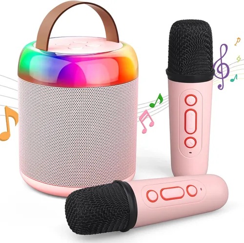 Miniatura 8 de Mini máquina de karaoke para fiestas de juguete para niños, altavoz portátil de juguete de karaoke LED con 2 micrófonos inalámbricos para niñas