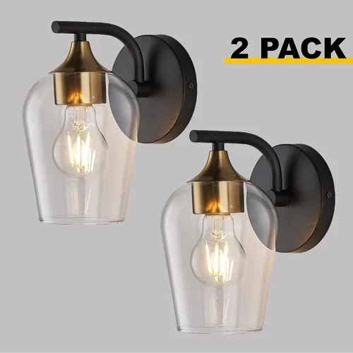 Miniatura 6 de Hamilyeah Juego de 2 apliques de pared dorados, apliques negros con pantalla de vidrio champán transparente, iluminación industrial para baño