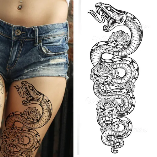 Miniatura 5 de 2 tatuajes temporales de brazo completo serpiente pitón rosas pegadas en transferencia de arte corporal para mujeres y hombres cosplay Halloween
