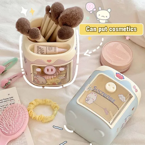Miniatura 3 de MLAFE Kawaii Portalápices de Cerdo Lindo Cubo de Almacenamiento de Cosméticos Kawaii Cubo de Almacenamiento Multifuncional Cubo de Papelería de Azul