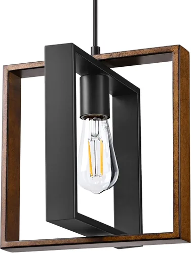 EDISHINE Lámpara Colgante de Estilo Granja, Lámpara Colgante Rústica con Veta de Madera y Acabado Negro, Iluminación Colgante para Isla de Cocina,