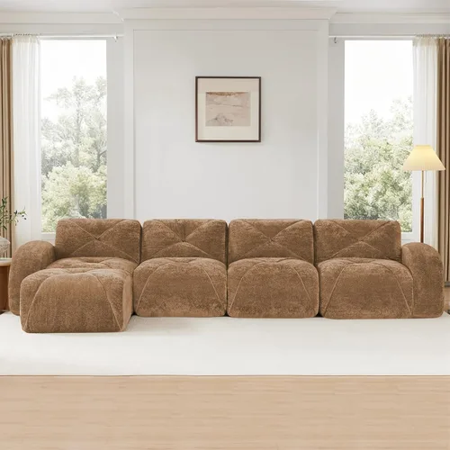 Miniatura 3 de Sofás modulares en forma de L de 140.9 pulgadas para sala de estar, moderno sofá sin hueso de terciopelo con 1 otomana, no requiere montaje, cómodo