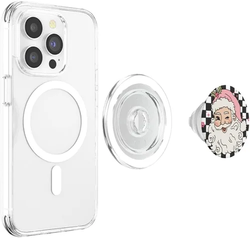 Miniatura 4 de PopSockets MagSafe PopGrip para iPhone con diseño de nieve floral rosa a cuadros de Papá Noel retro de Navidad