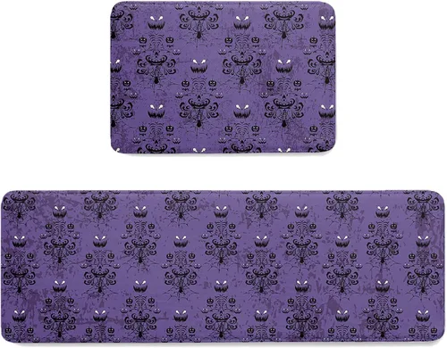 Miniatura 7 de Libaoge Tapete de cocina de Halloween, 1 unidad, diseño de mansión encantada de Halloween, fondo morado, antifatiga, cómodo, tapete de pie de espuma